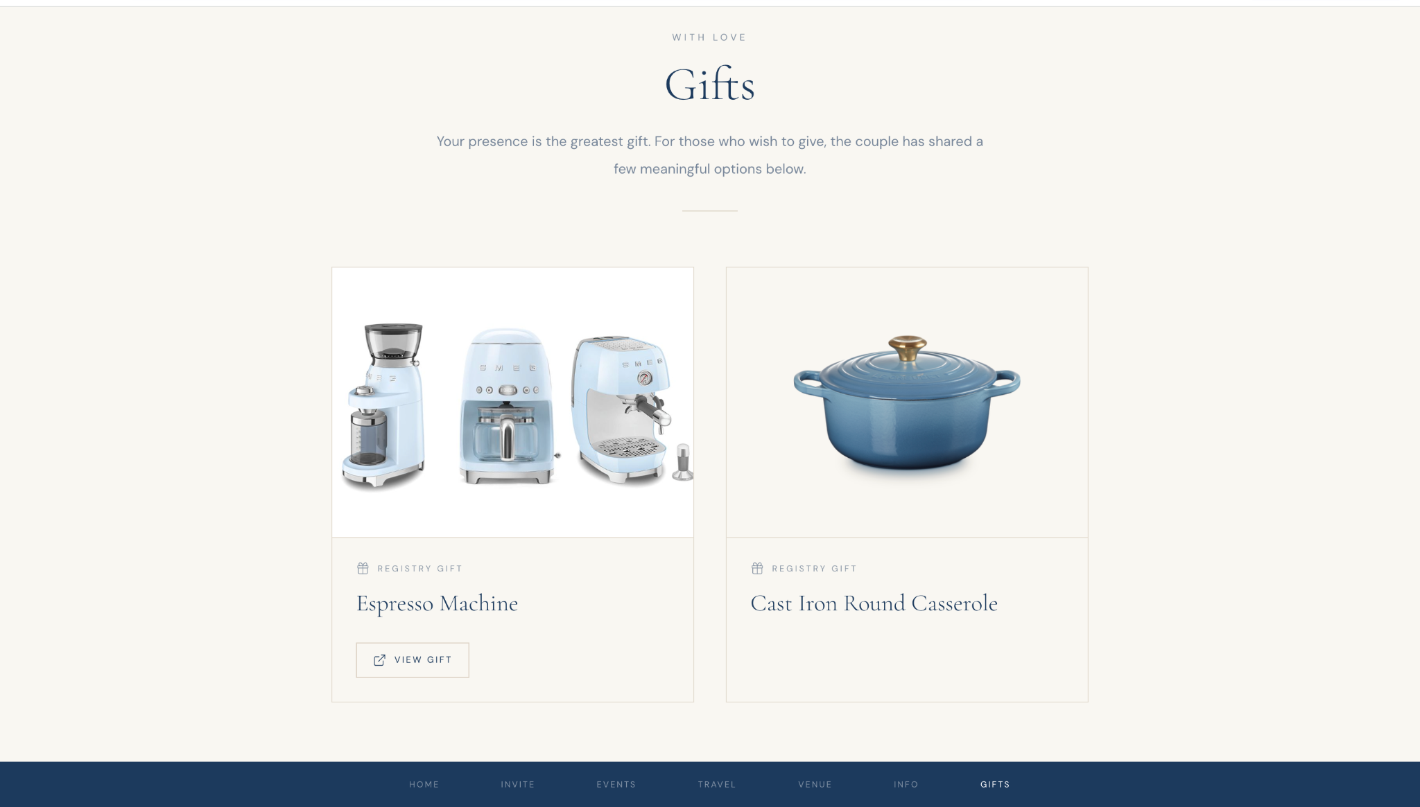 AMOURE registry guest experience showing example wedding gifts
